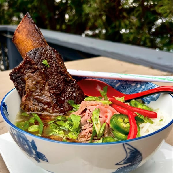 A large beef short rib in a bowl of pho with noodles, sliced beef, and peppers.
