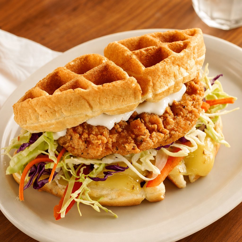 Honey Hot Chicken & Waffle Sandwich.